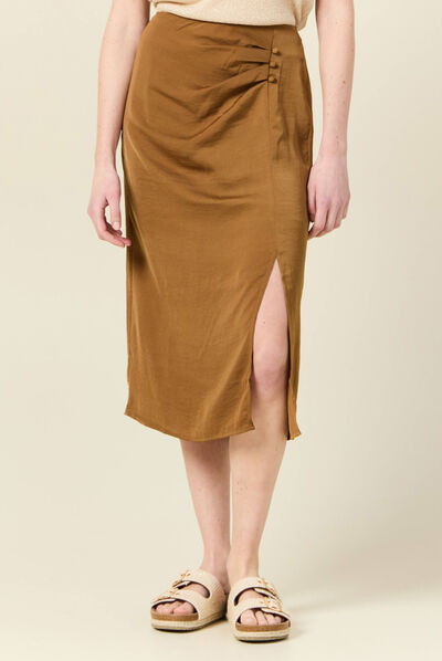 Jupe midi droite fendue marron femme