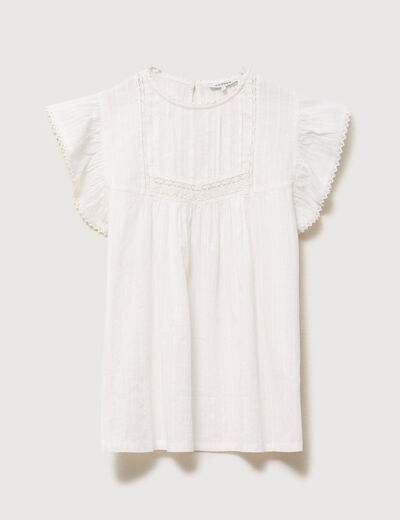 Top col rond manches courtes en coton ecru femme