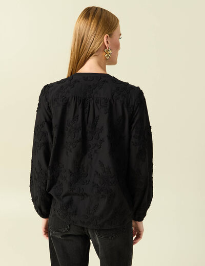 Chemise col rond manches longues brod&eacute;e noir femme