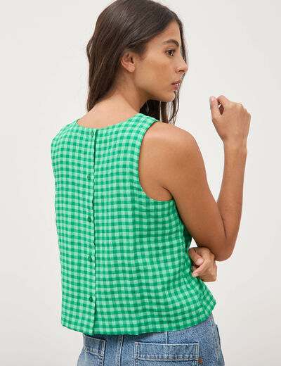 Blouse vichy droite cropped sans manches vert femme