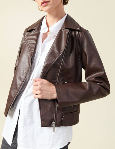 Blouson biker simili cuir marron femme