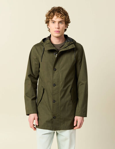 Parka d&eacute;perlante droite mi-longue vert kaki homme