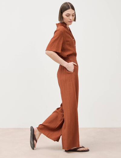 Pantalon large taille haute fluide marron femme