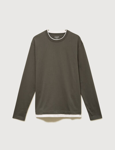 T-shirt droit col rond manches longues vert fonc&eacute; homme