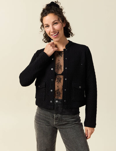 Veste droite courte col mao noir femme