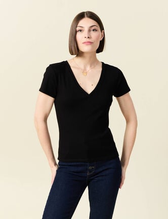 T-shirt ajusté col V manches courtes noir femme