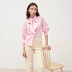 Chemise droite col noeud manches longues rose poudr&eacute;e femme