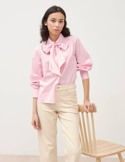 Chemise droite col noeud manches longues rose poudr&eacute;e femme