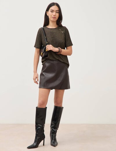 Jupe-short en similicuir doubl&eacute;e marron fonc&eacute; femme