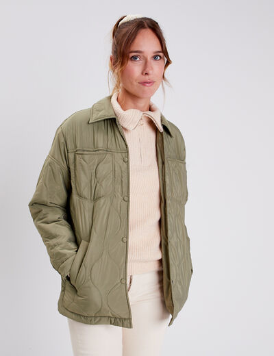 Veste droite matelass&eacute;e col chemise vert kaki femme