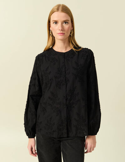 Chemise col rond manches longues brod&eacute;e noir femme