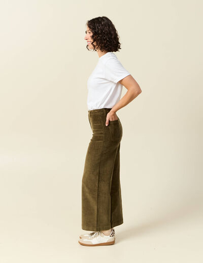 Pantalon large taille haute en velours vert kaki femme