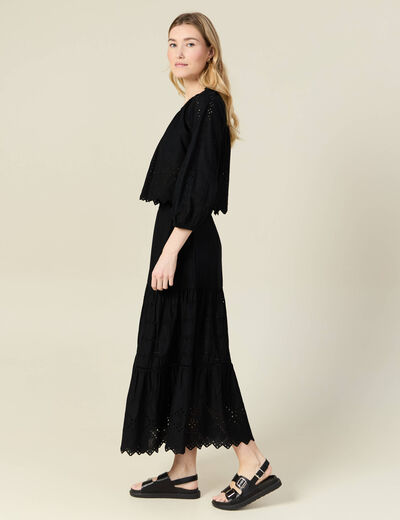 Jupe longue évasée brodée noir femme