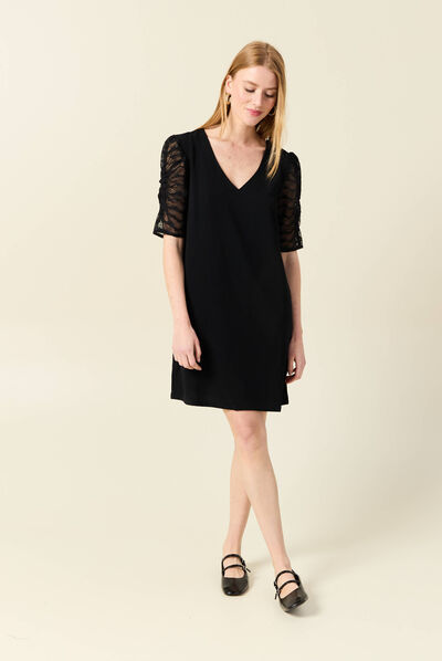 Robe droite manches 3/4 noir femme