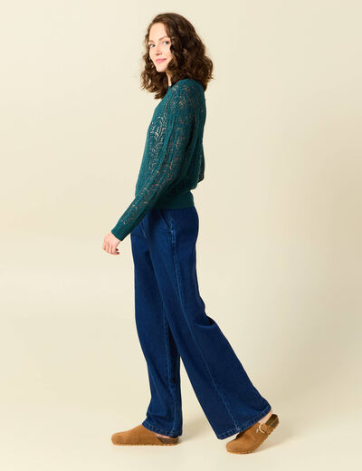 Pull ajour&eacute; manches longues col rond vert canard femme