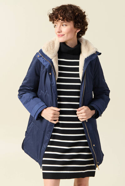 Parka droite à capuche bleu marine femme