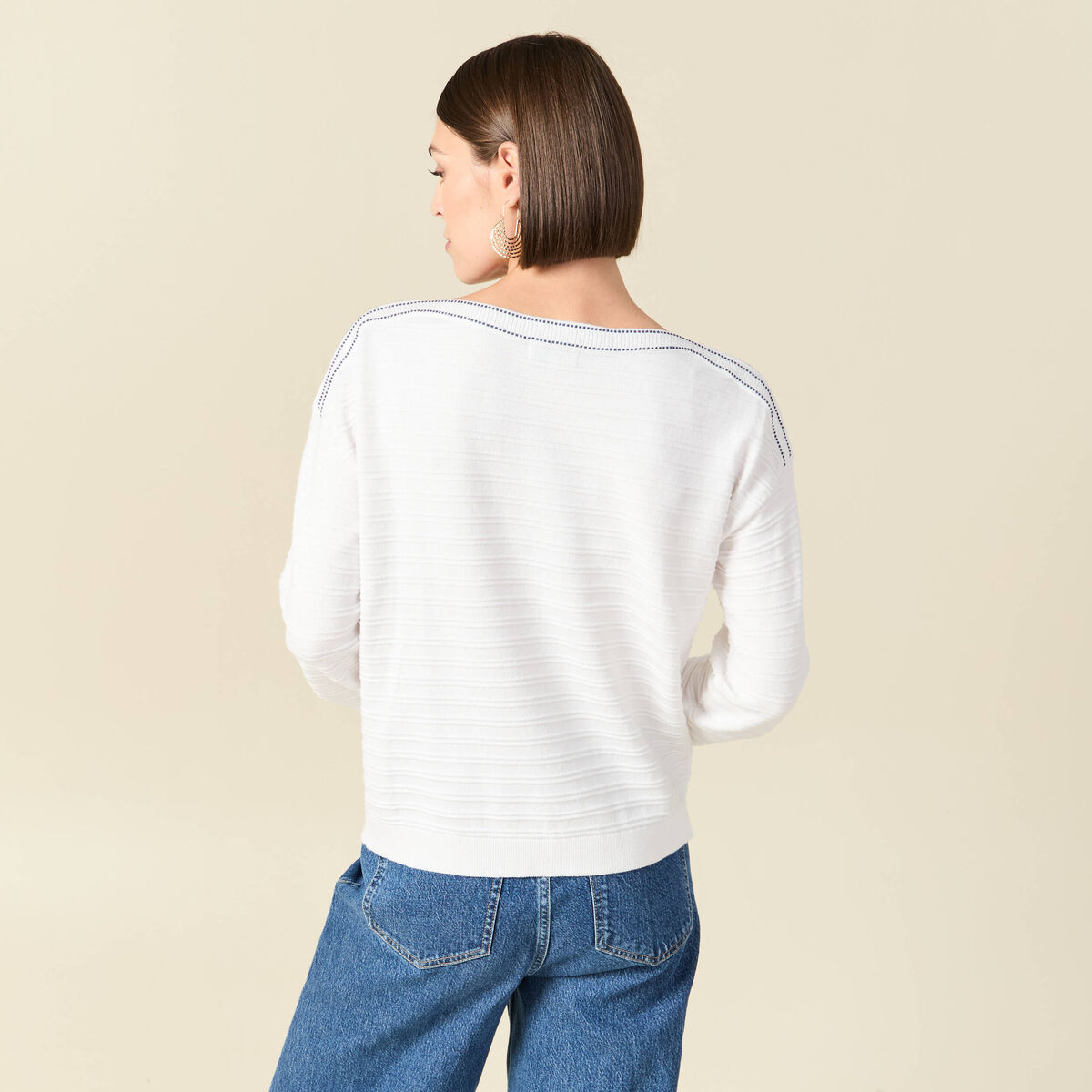 Pull col bateau manches longues en coton blanc femme