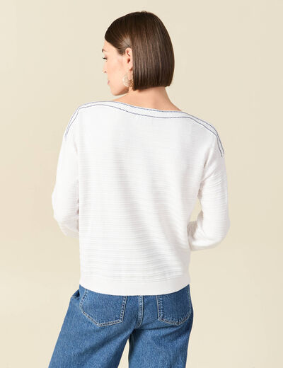 Pull col bateau manches longues en coton blanc femme