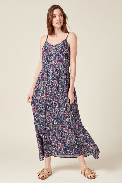 Robe longue droite à bretelles bleu femme