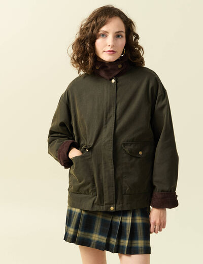 Parka oversize courte col classique vert kaki femme