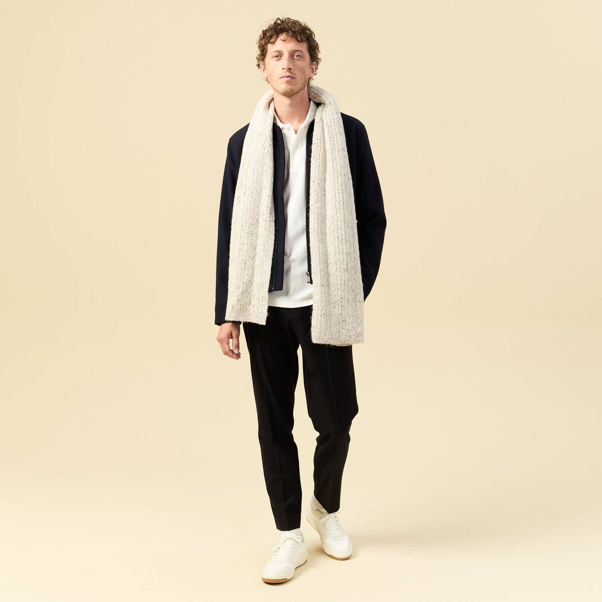 Polo manches longues en coton ecru homme