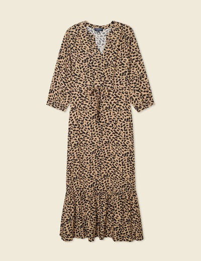 Robe longue droite manches 3/4 marron clair femme