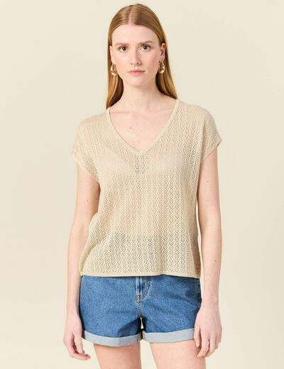 Pull manches courtes ajouré creme femme