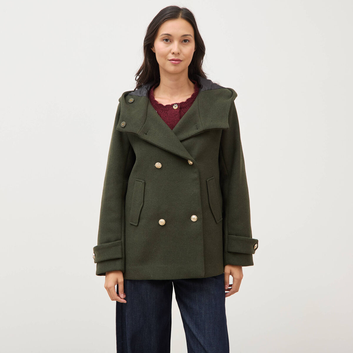 Caban oversize court &agrave; capuche vert olive femme