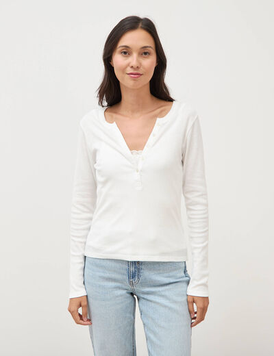 T-shirt cintr&eacute; manches longues ecru femme