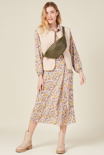 Robe longue droite drapée beige femme