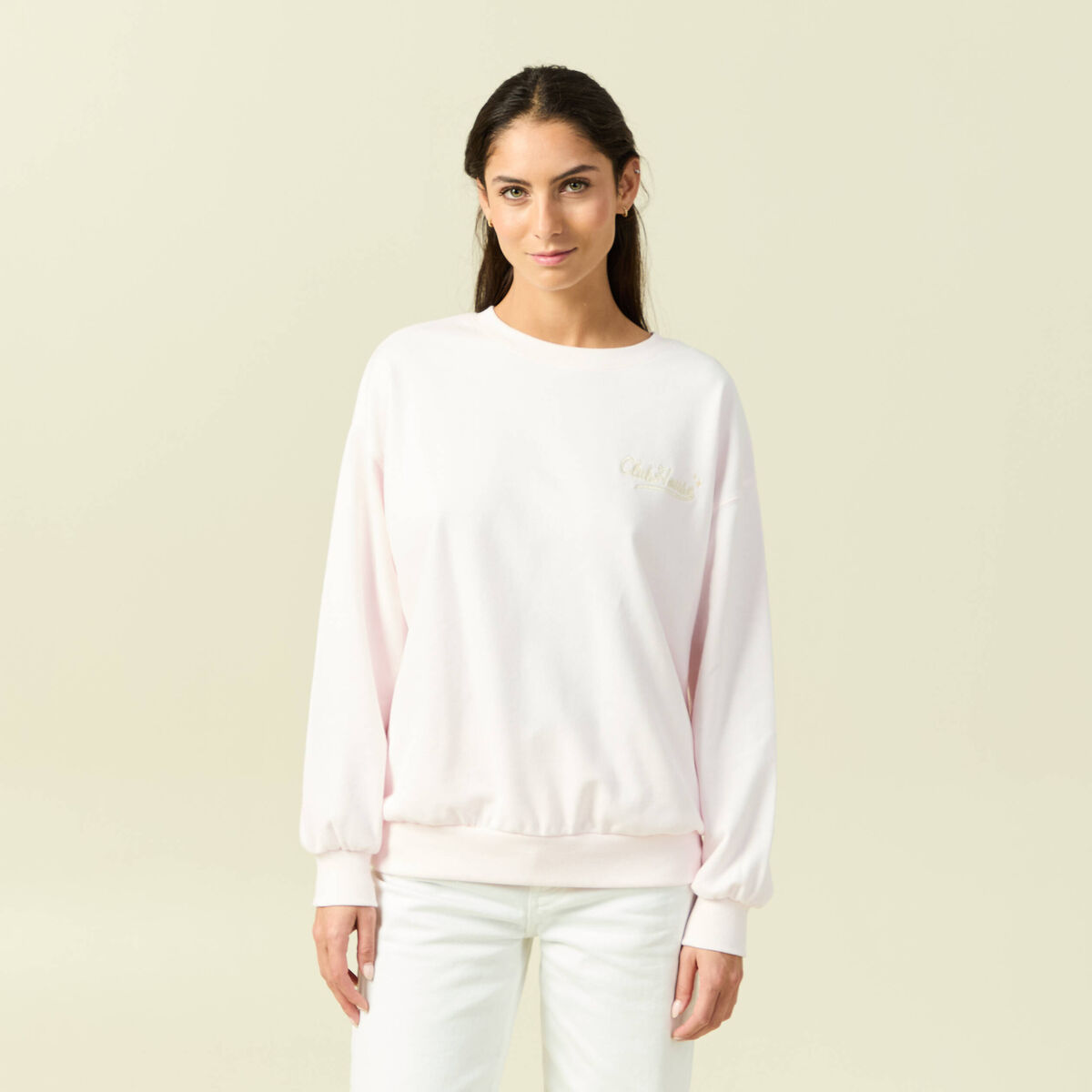 Sweat oversize manches longues brod&eacute; rose poudr&eacute;e femme