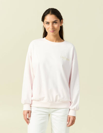 Sweat oversize manches longues brod&eacute; rose poudr&eacute;e femme