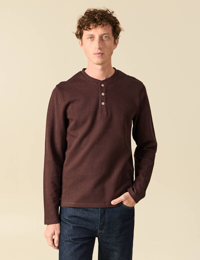 T-shirt cintr&eacute; en coton manches longues marron fonc&eacute; homme