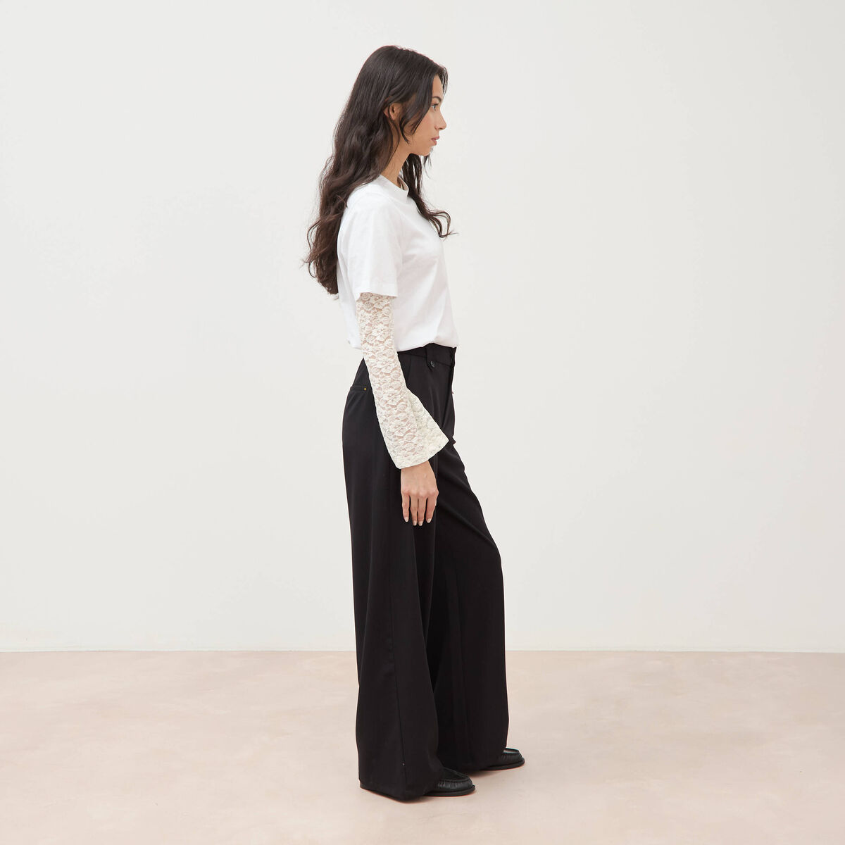 Pantalon large taille haute fluide noir femme