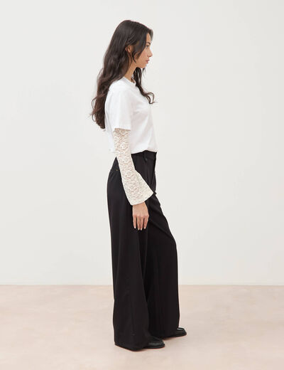 Pantalon large taille haute fluide noir femme