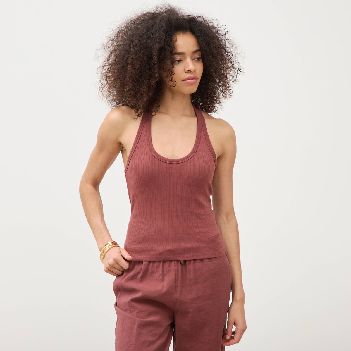 D&eacute;bardeur cropped d&eacute;collet&eacute; doubl&eacute; marron cognac femme