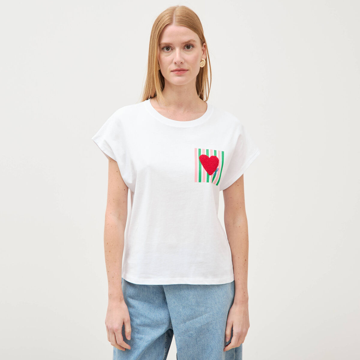 T-shirt droit col rond manches courtes blanc femme