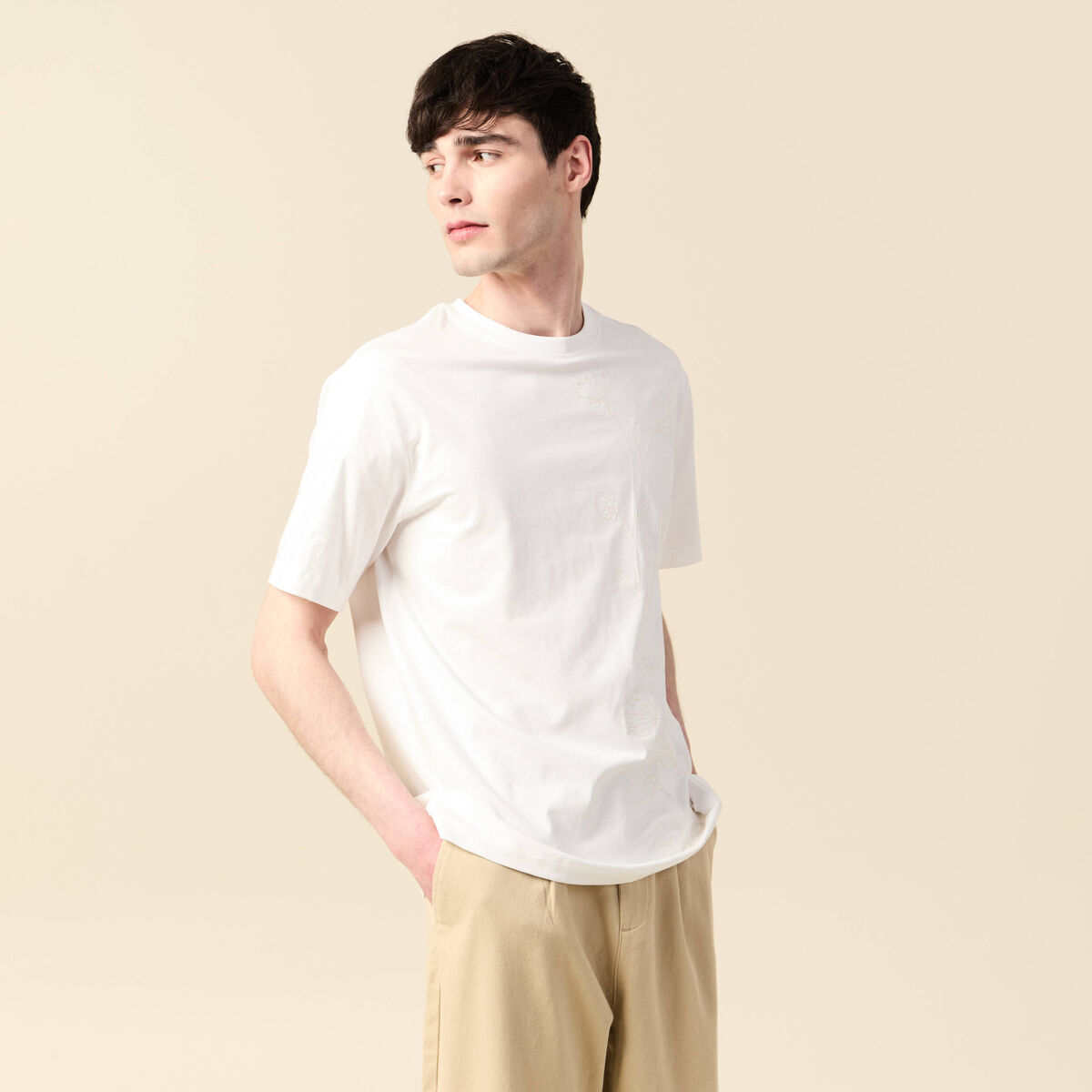 T-shirt manches courtes brod&eacute; ecru homme