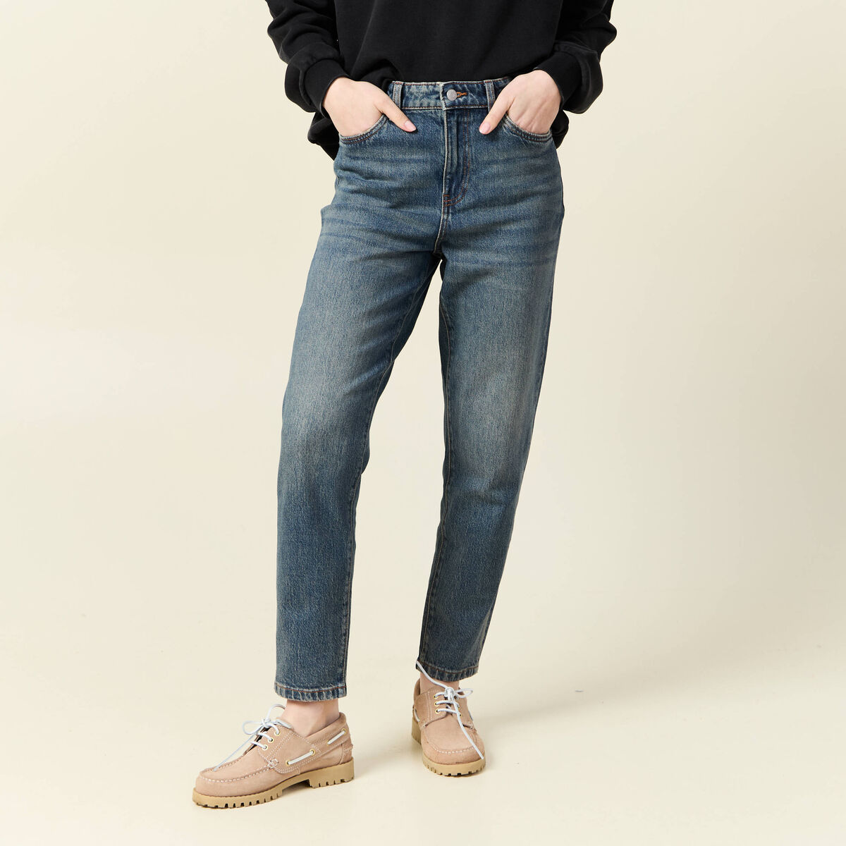 Jeans mom 7/8&egrave;me bleu gris femme