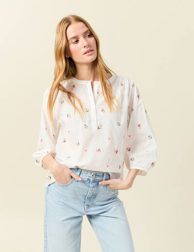 Blouse manches 3/4 brodée blanc femme