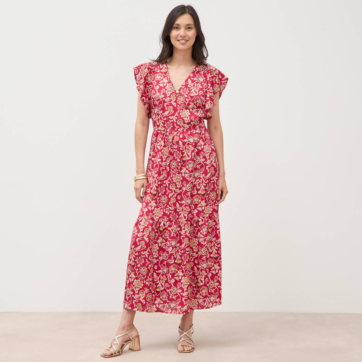 Robe fluide col v manches courtes rouge cerise femme