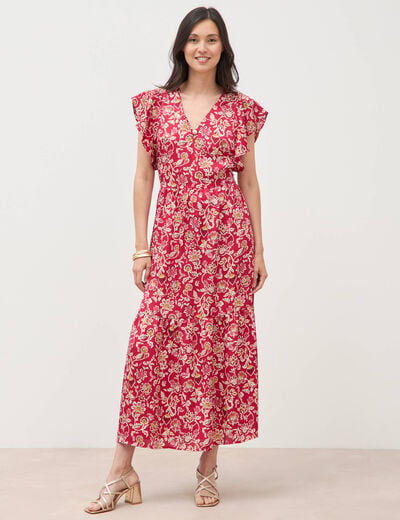 Robe fluide col v manches courtes rouge cerise femme