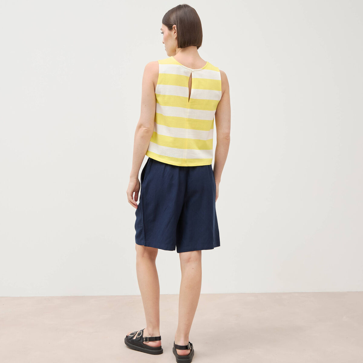 D&eacute;bardeur ray&eacute; col rond en coton jaune femme