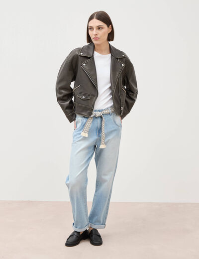 Jeans boyfriend ceintur&eacute; denim bleach femme