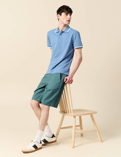 Polo cintr&eacute; en coton manches courtes bleu gris homme