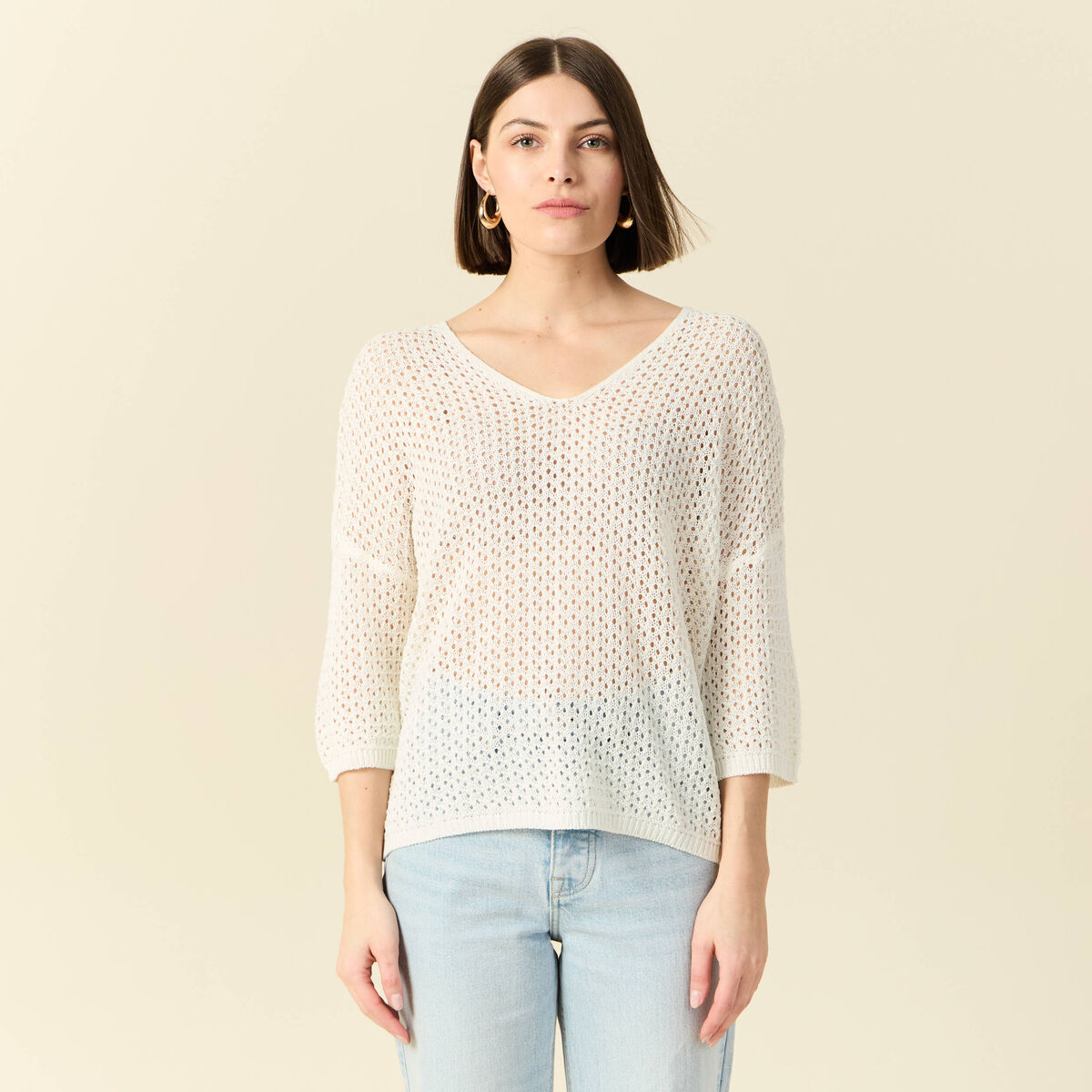 Pull ajour&eacute; col v manches 3/4 ecru femme