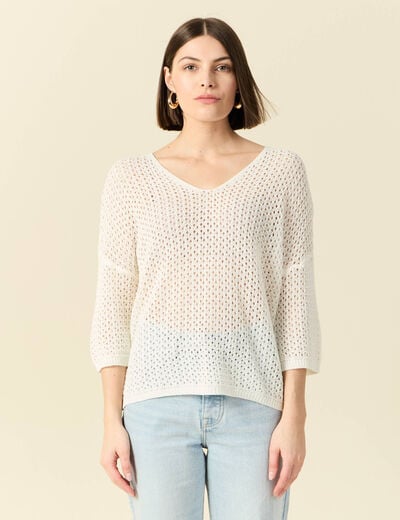 Pull ajour&eacute; col v manches 3/4 ecru femme