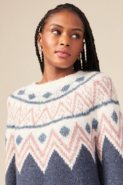 Pull manches longues col rond bleu canard femme