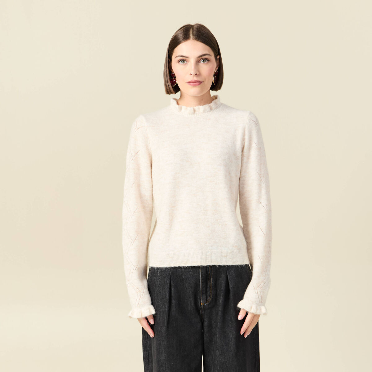 Pull col montant manches longues creme femme