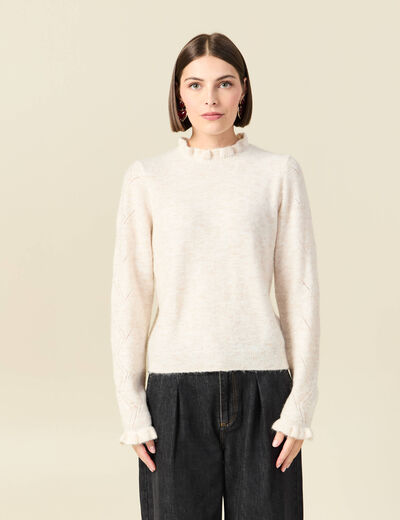 Pull col montant manches longues creme femme